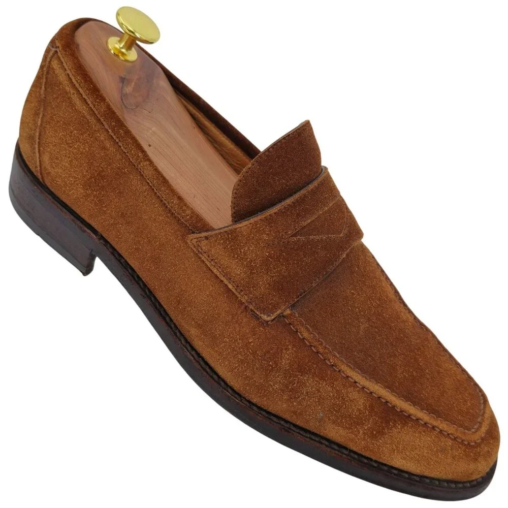 Harris 1913 Handmade Dress Shoes Mens size 8.5 Brown Suede Leather Penny Loafers - Picture 1 of 11
